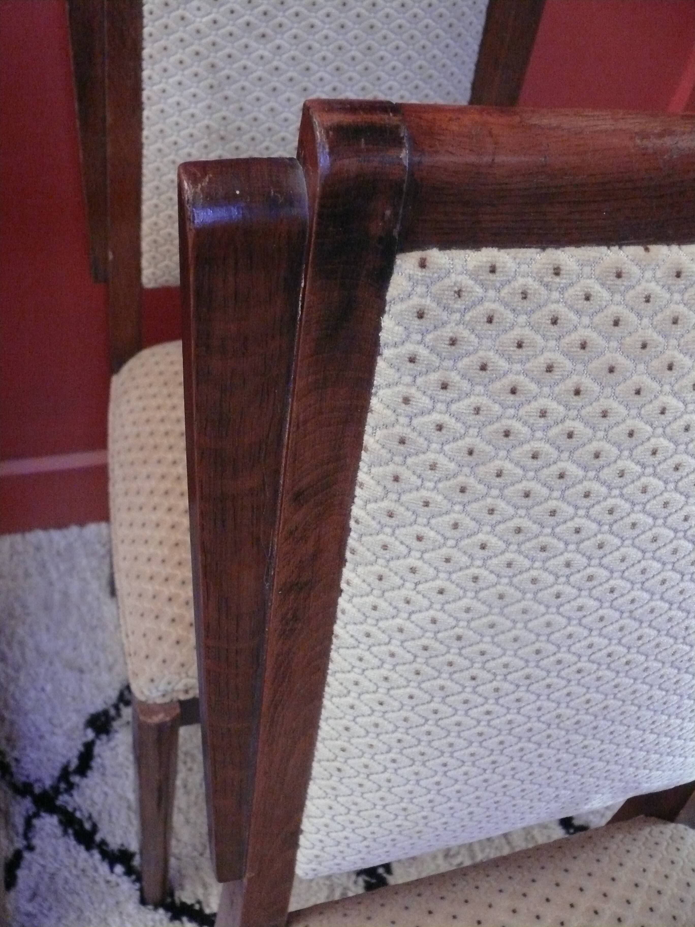 Six Art Deco chairs. Oak and original crushed velvet.