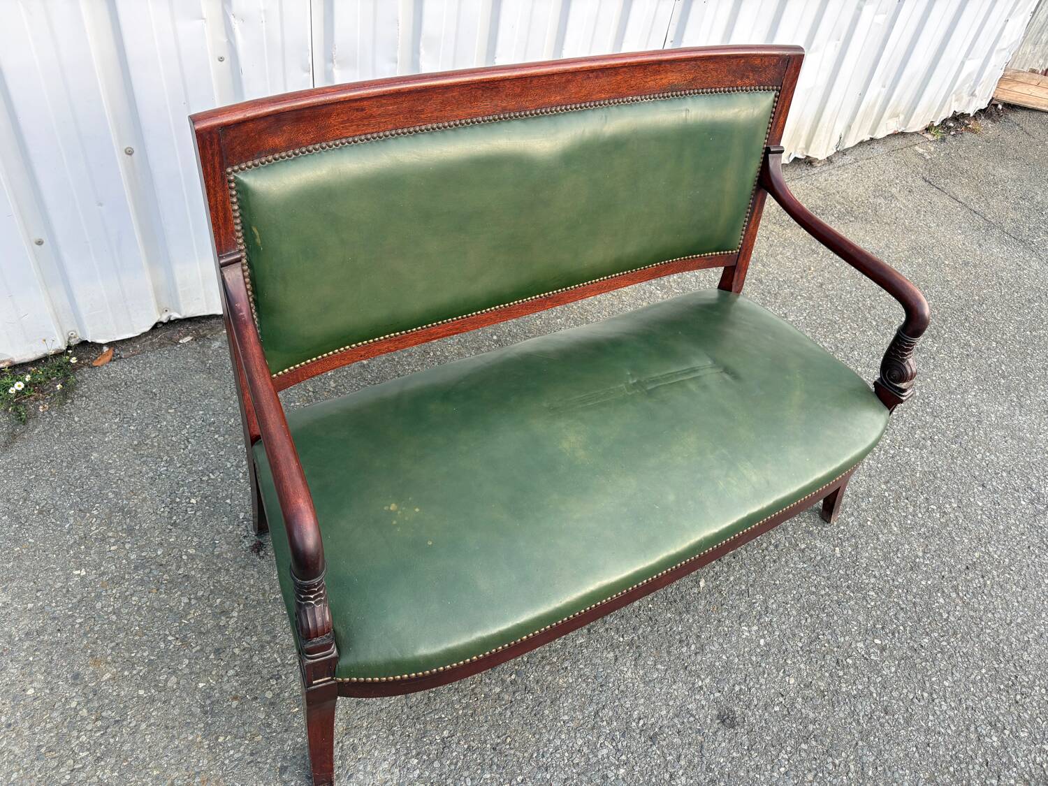 Empire style bench in mahogany and green leather