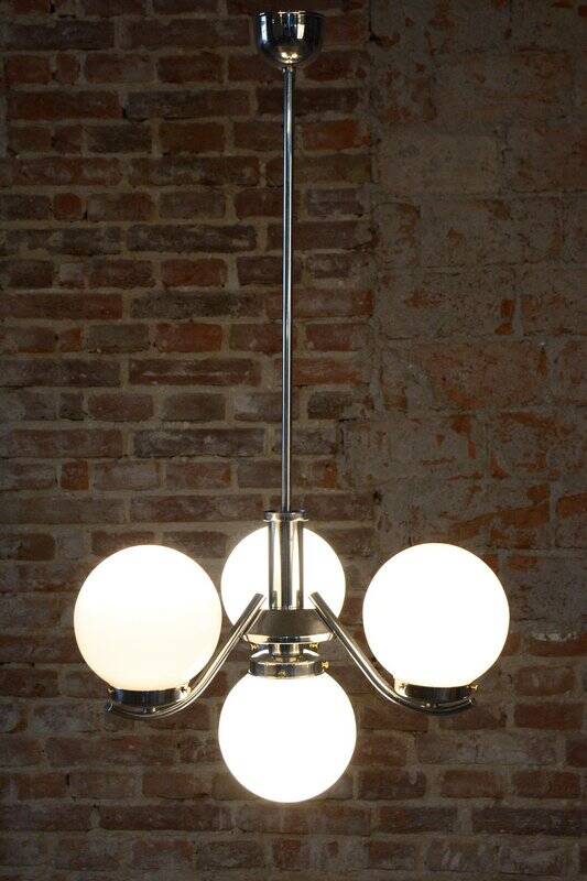 Art Deco Chandelier in Chrome-Plated Steel and Opal Glass, Czech, 1920s
