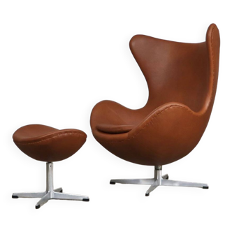 Egg Chair With Ottoman In Brown Leather By Arne Jacobsen For Fritz Hansen, 1960s