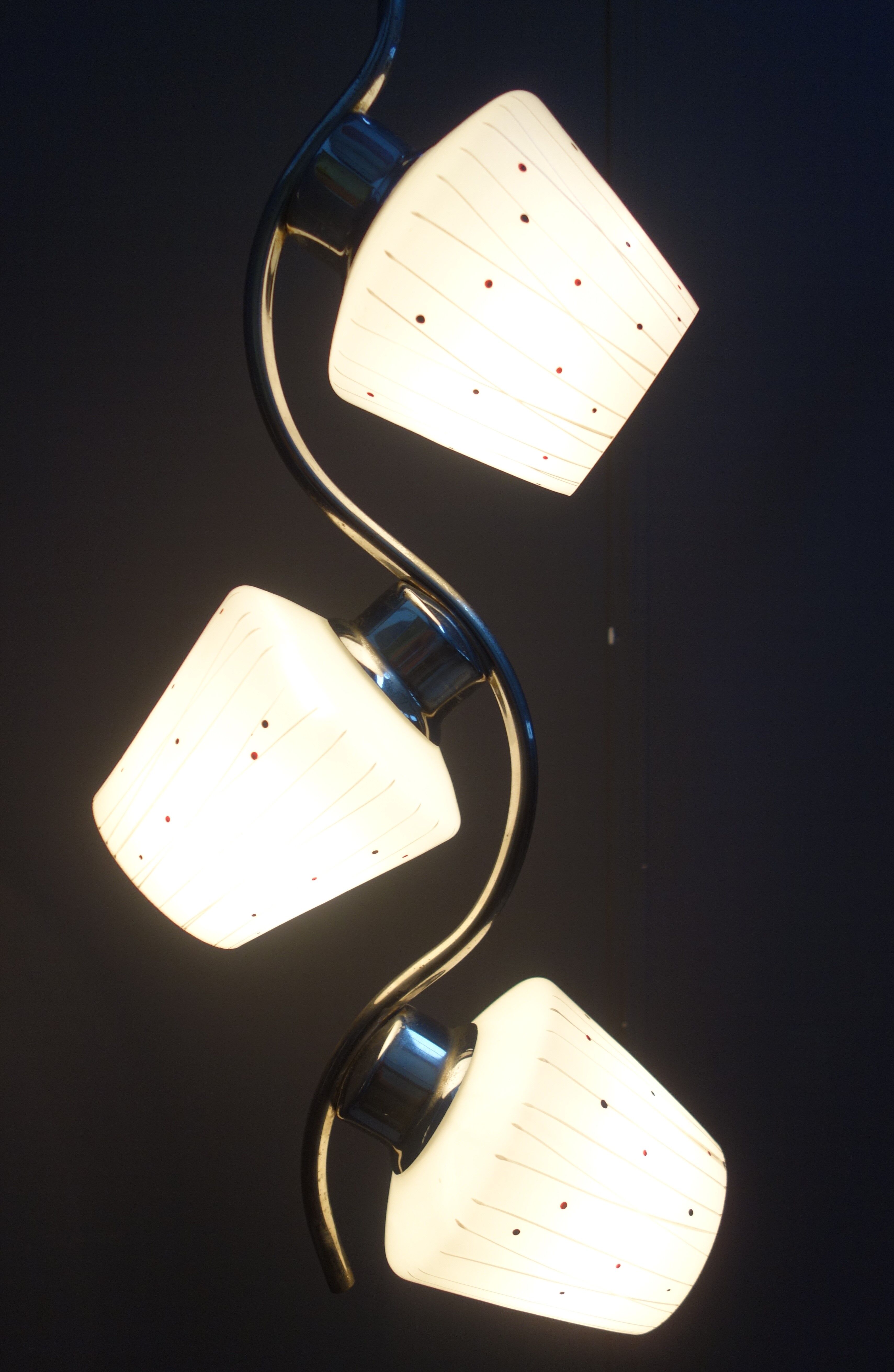 Chrome pendant lamp with 3 white shades 1960s
