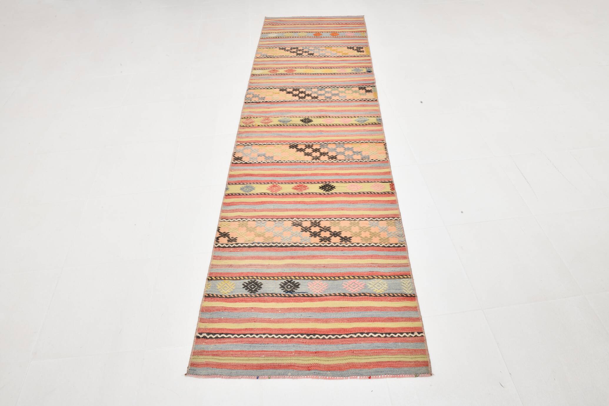 3x0 Blush Pink & Blue Striped Vintage Kilim Runner, Rugs For Bohemian Entry
