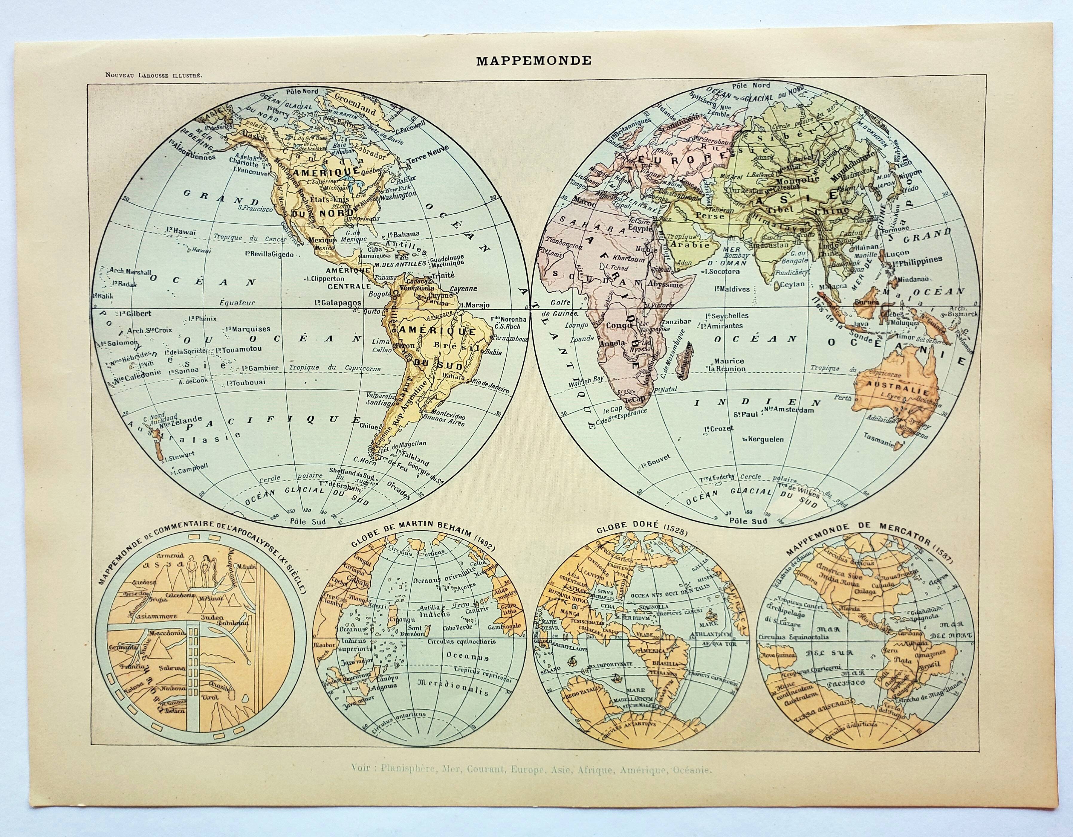 Antique engraving 1898, World map, map, globe, plane • Lithograph, original illustration