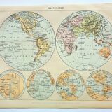 Antique engraving 1898, World map, map, globe, plane • Lithograph, original illustration