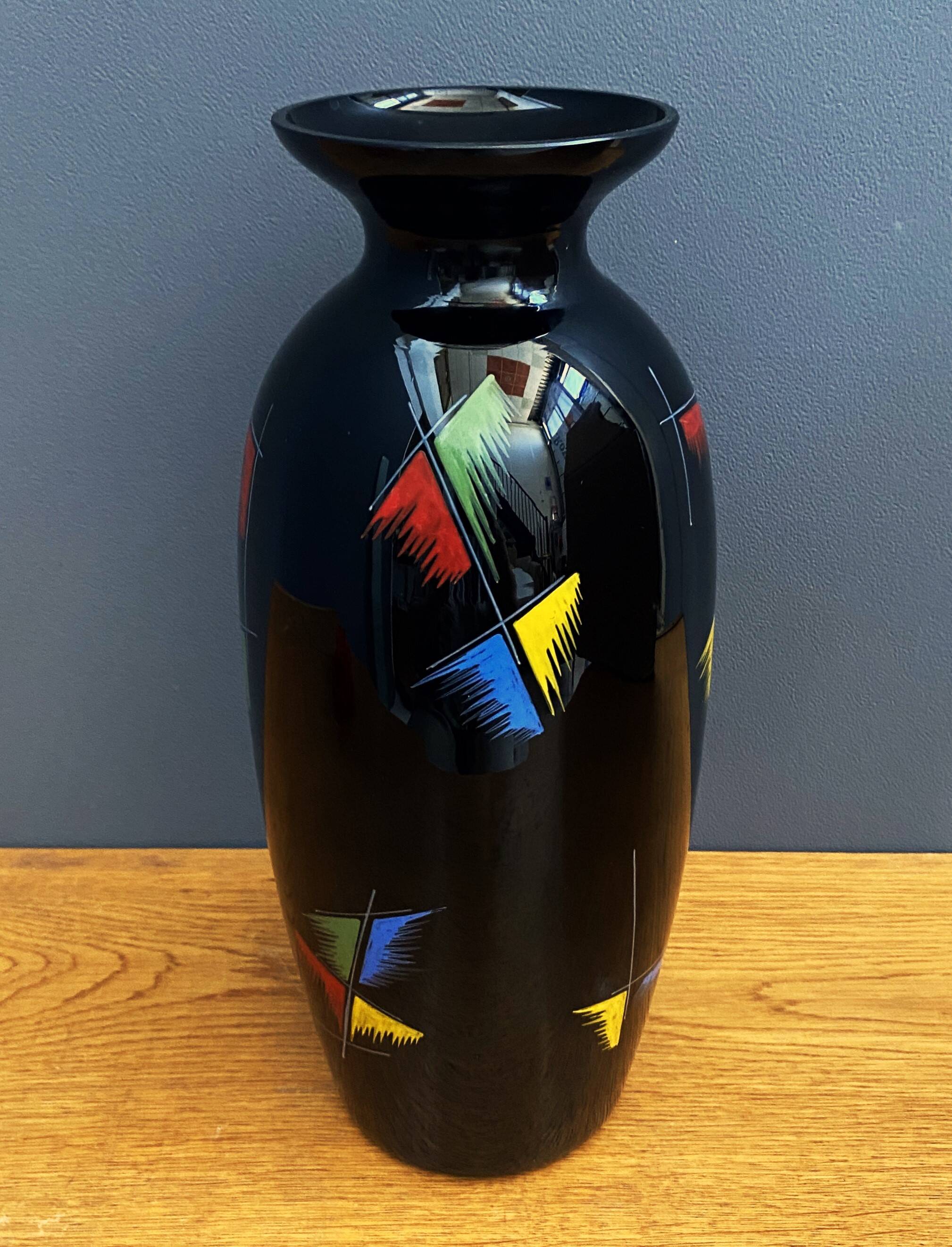 Black glass vase with red, green, blue and yellow details 1960s