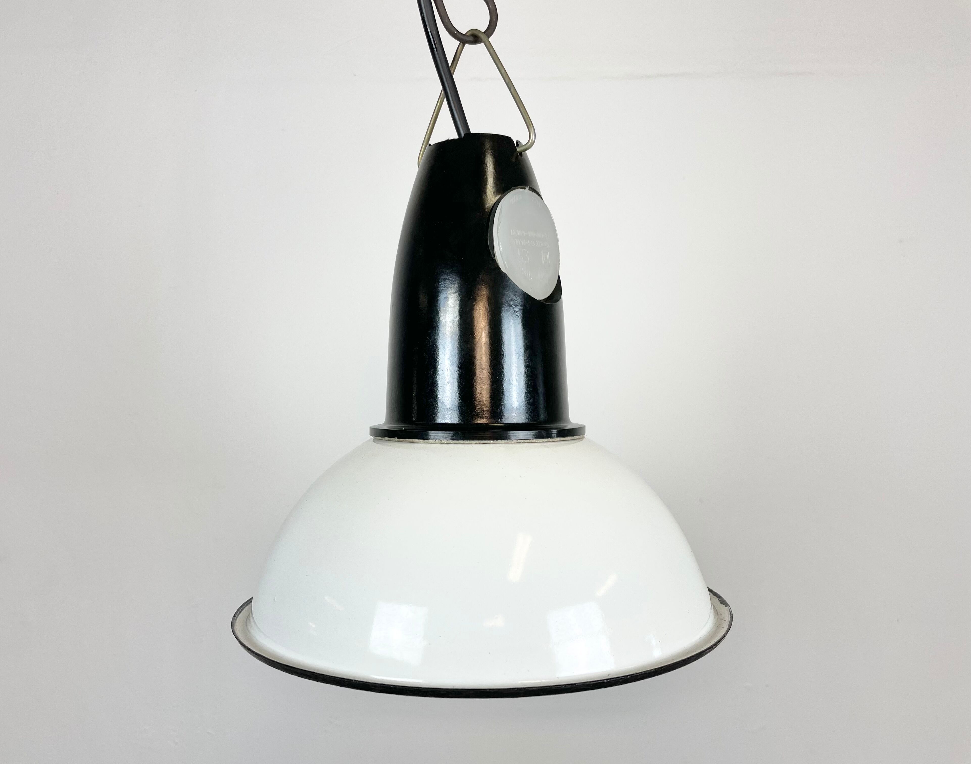 Industrial soviet white enamel pendant light, 1960s