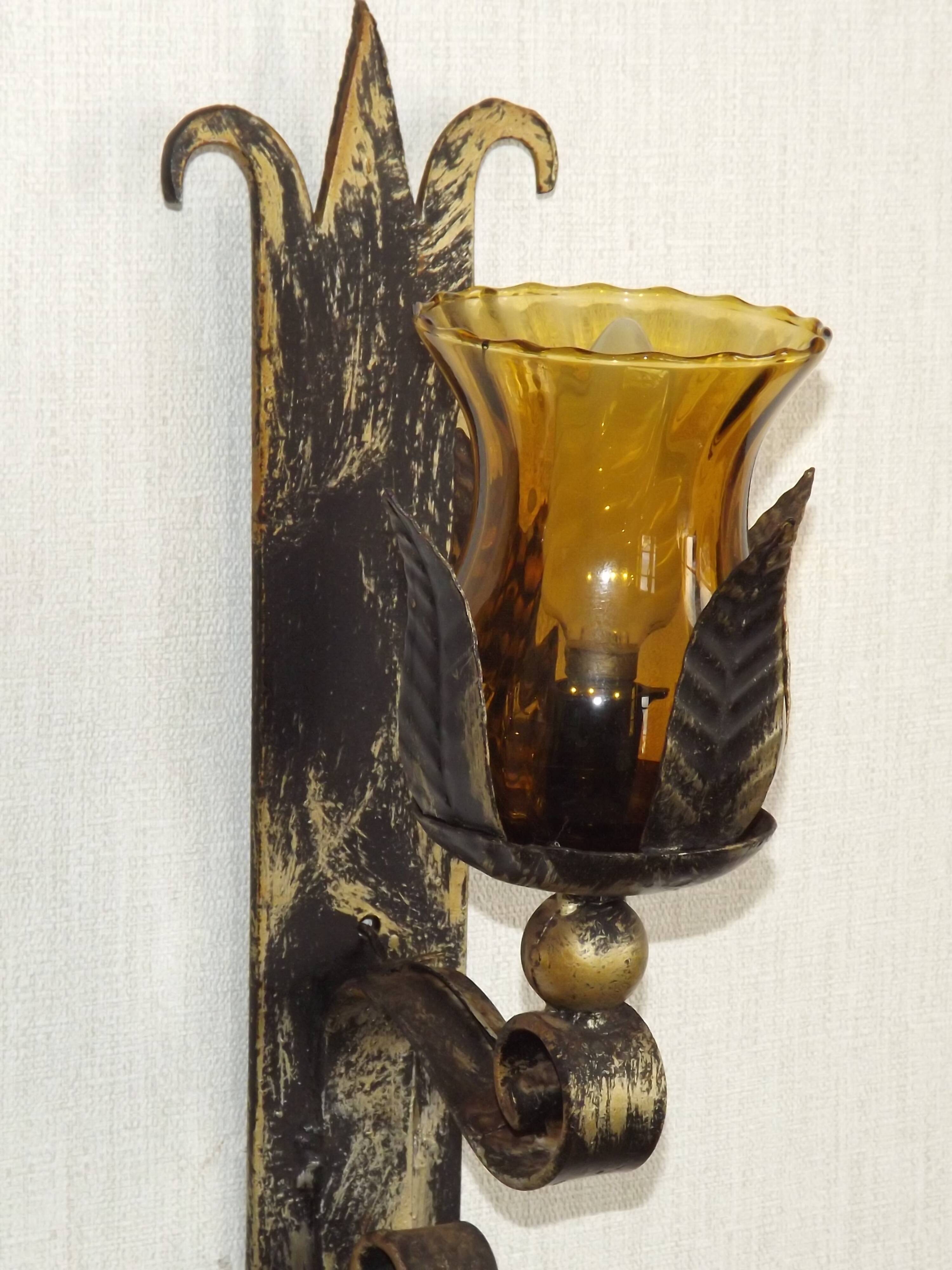 Pair Hand Forged Wrought Iron Medieval Style Wall Lights Amber Glass Shades