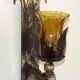 Pair Hand Forged Wrought Iron Medieval Style Wall Lights Amber Glass Shades
