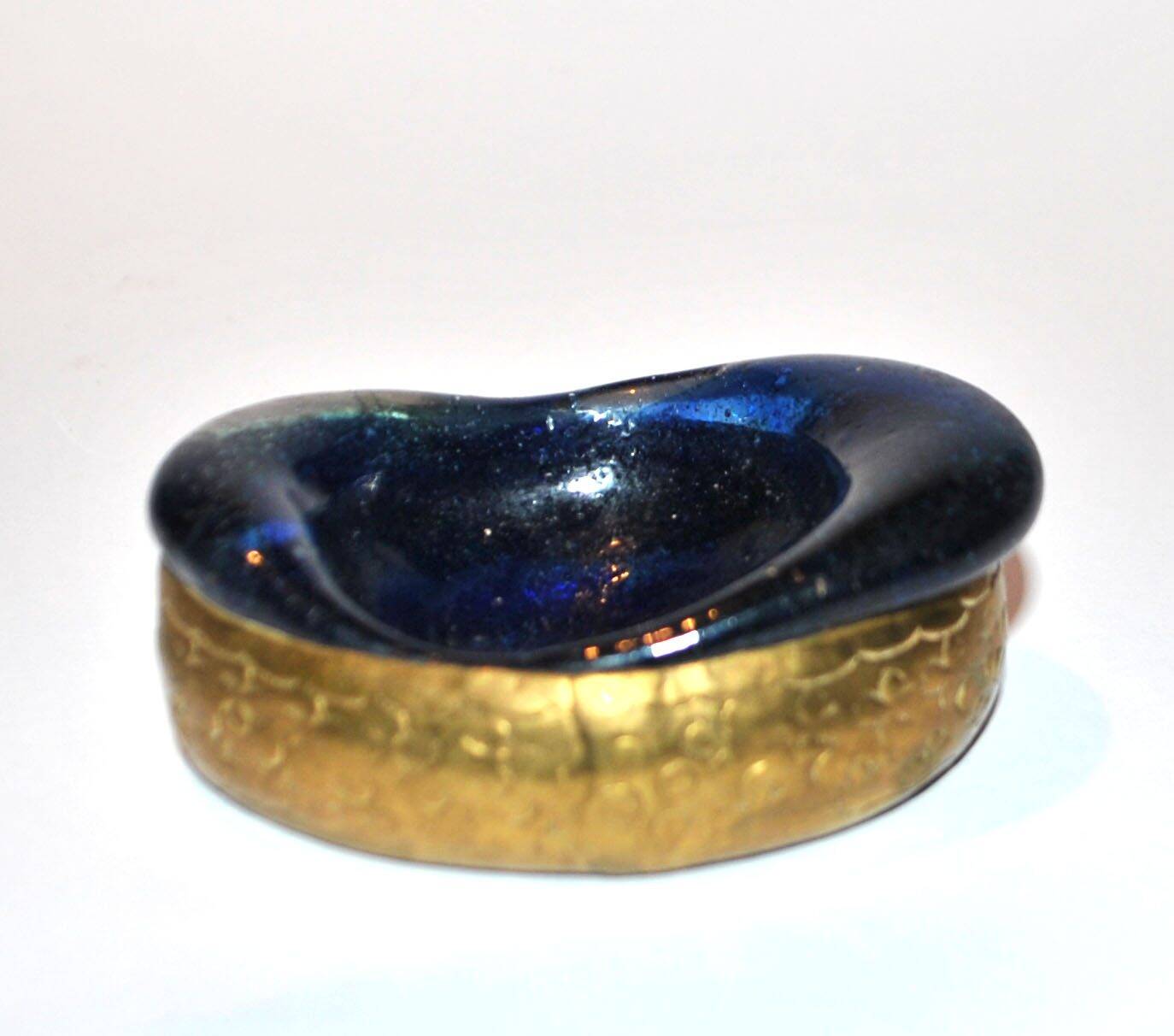 Iran ashtray bowl in iranian cobalt blue bubble glass and engraved brass