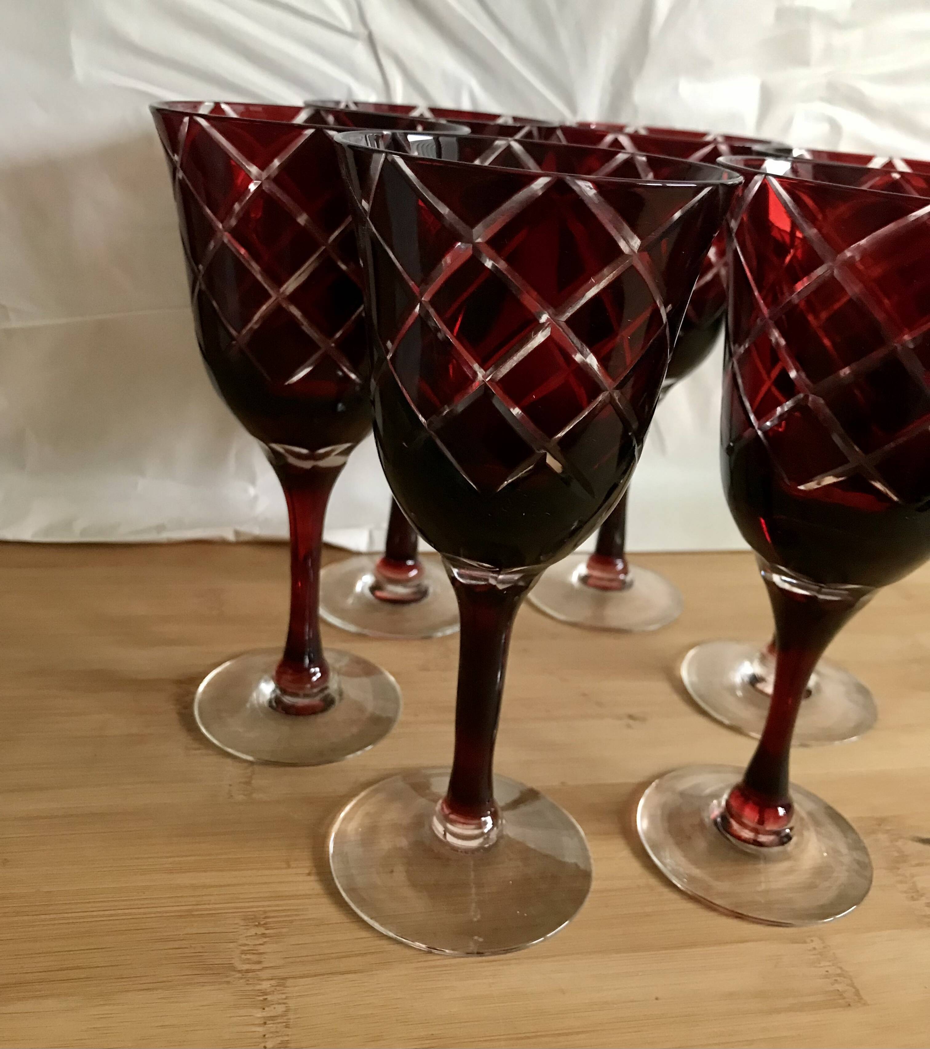 6 red italian cut glass wine glasses