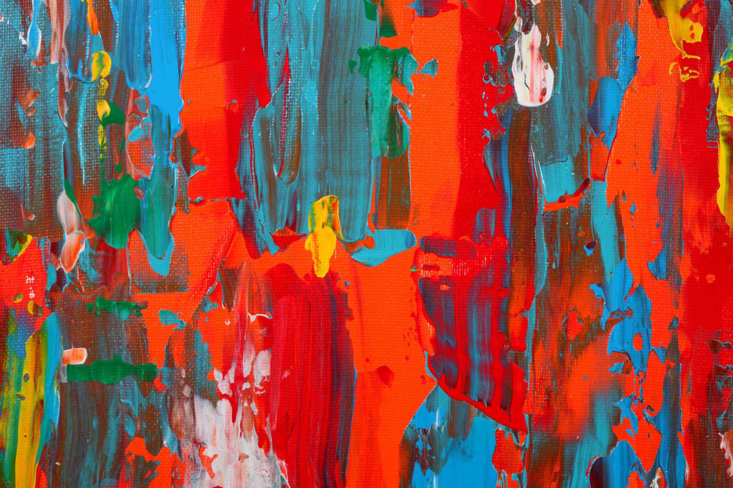 Abstract Red, Orange and Blue original painting on stretched canvas
