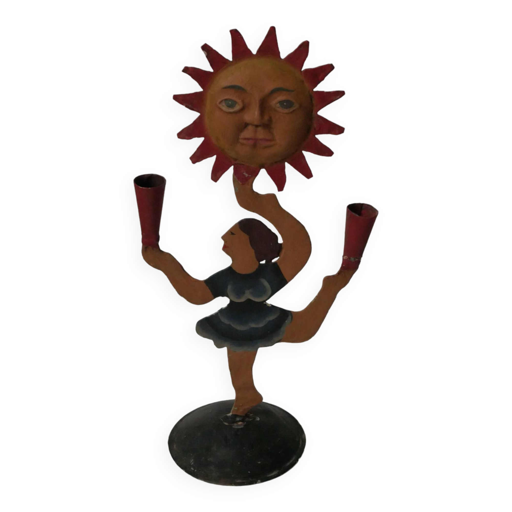Vintage candelabra candlestick old candle holder in hand-painted metal Netherlands sun dancer