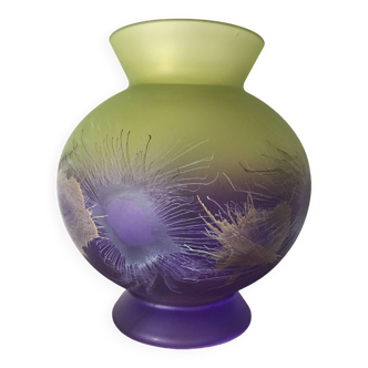 Vase vintage boule en verre coloré décor finition peinture artistique années 70