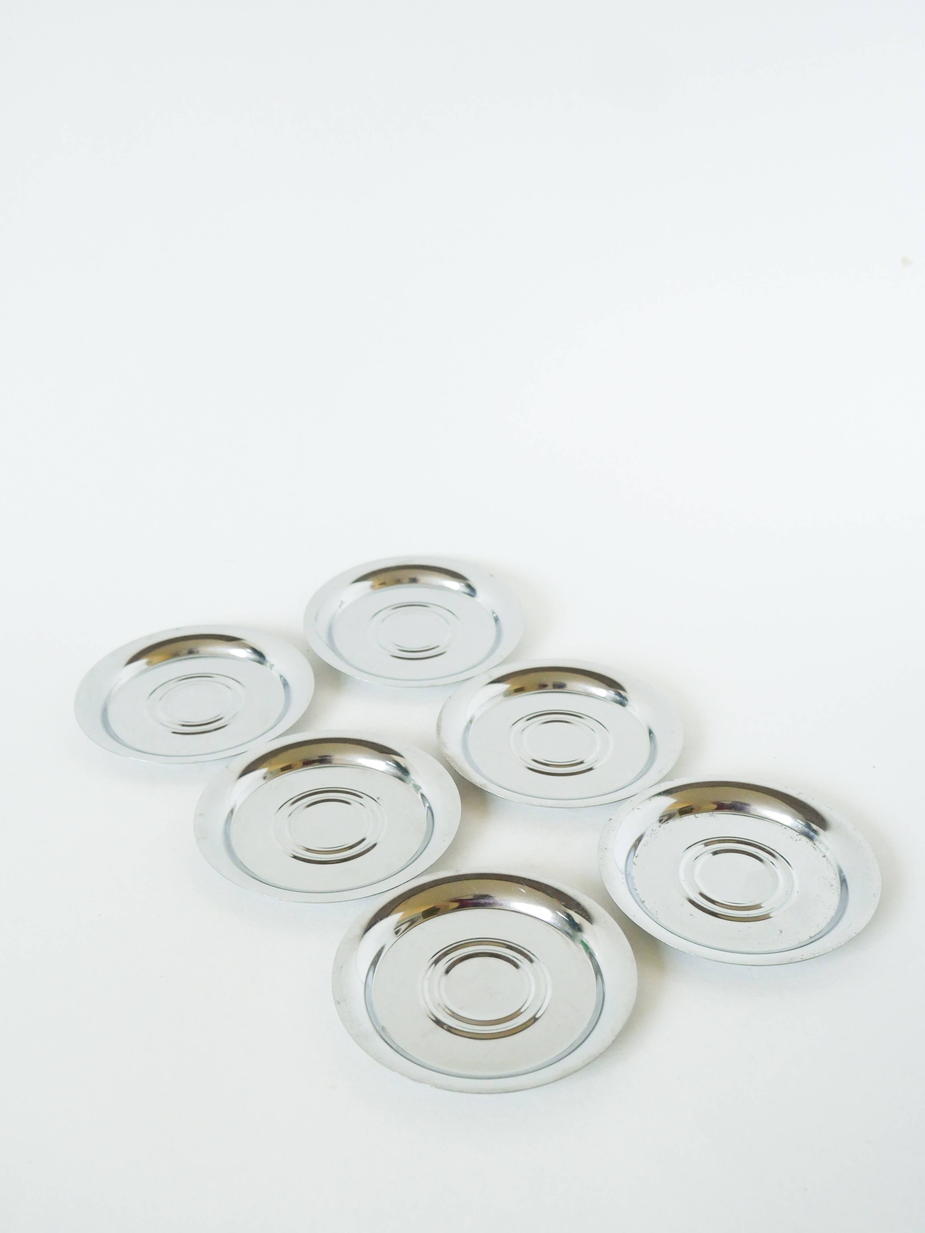 Set of 6 chrome metal coasters, Design, 1970