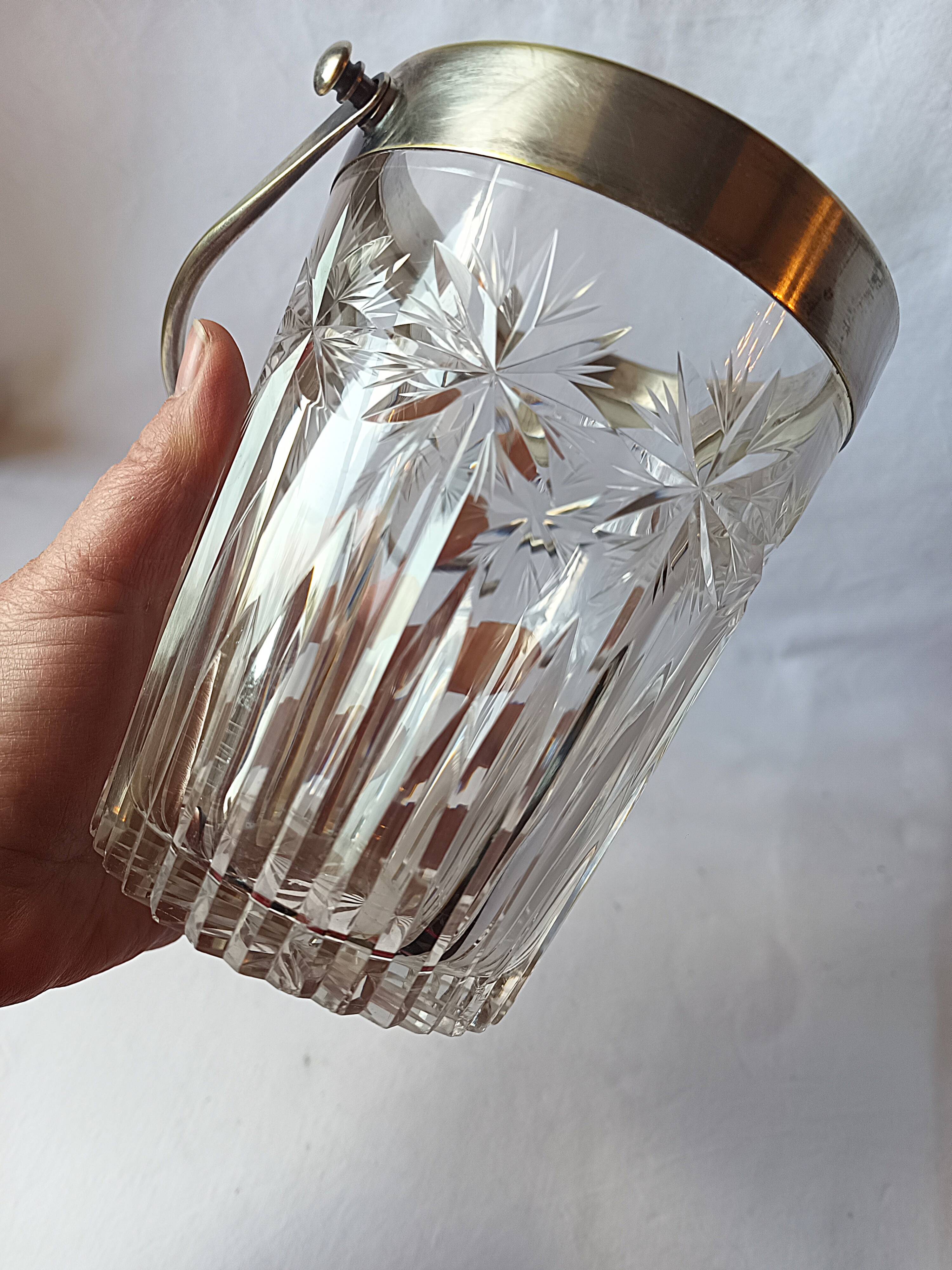 Cut crystal ice bucket, silver-plated metal, marked, cooler service.