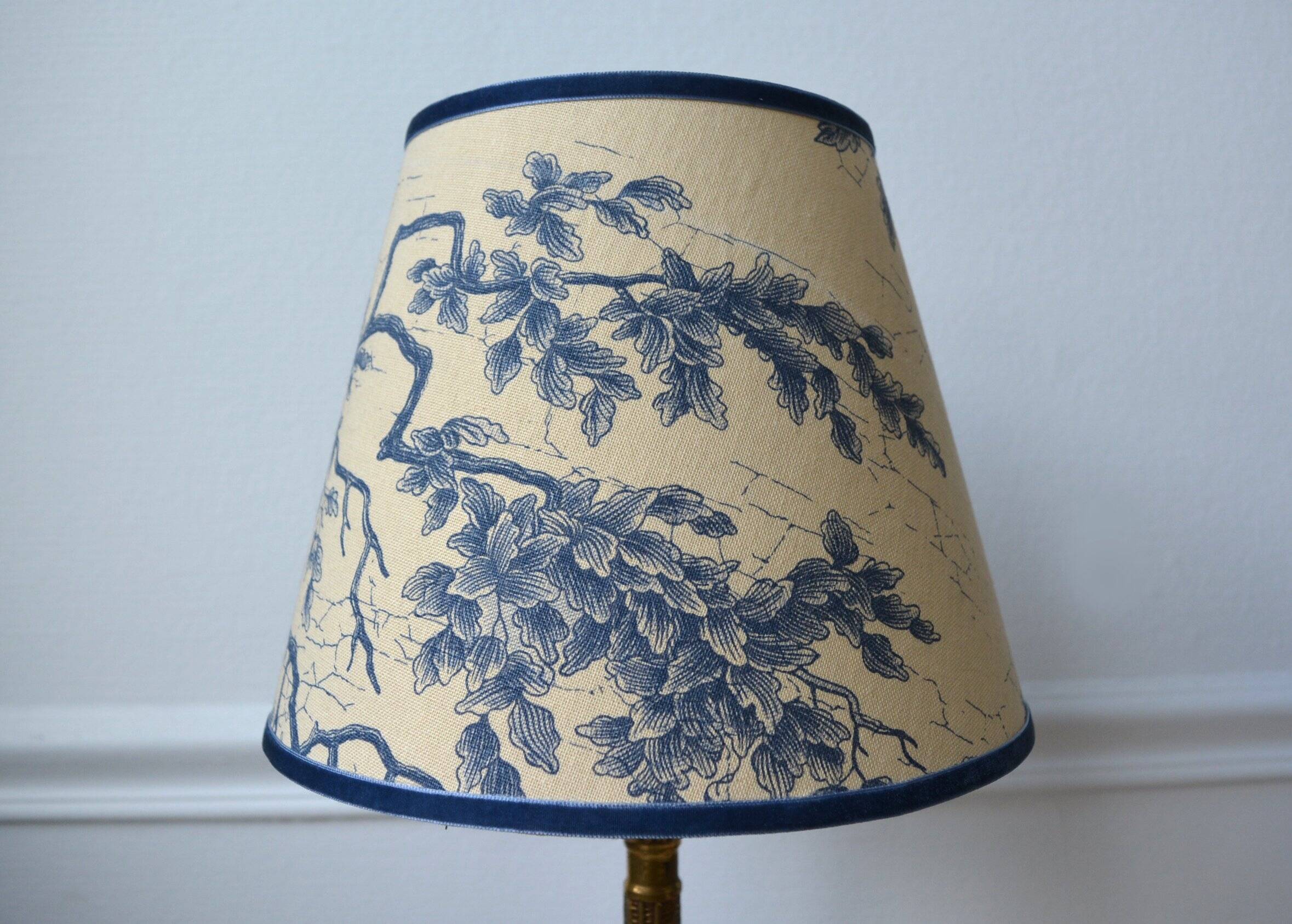 Jouy fabric lampshade, blue foliage pattern