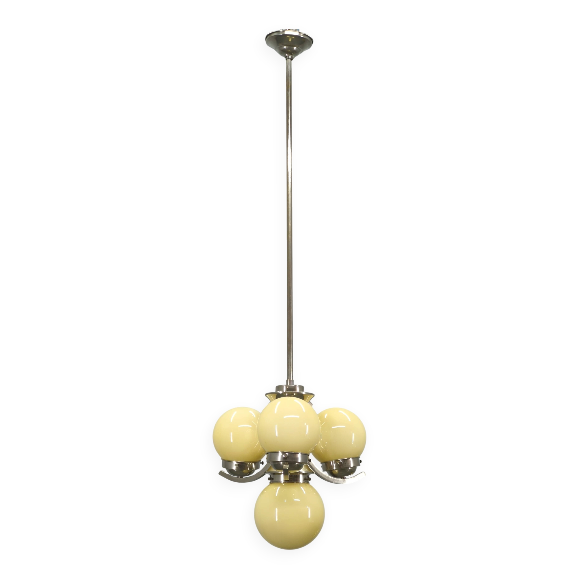 Art Deco Chrome and Opaline Glass Chandelier, 1930s