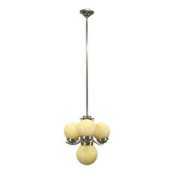 Chandelier Art Déco en chrome et verre opalin, années 1930
