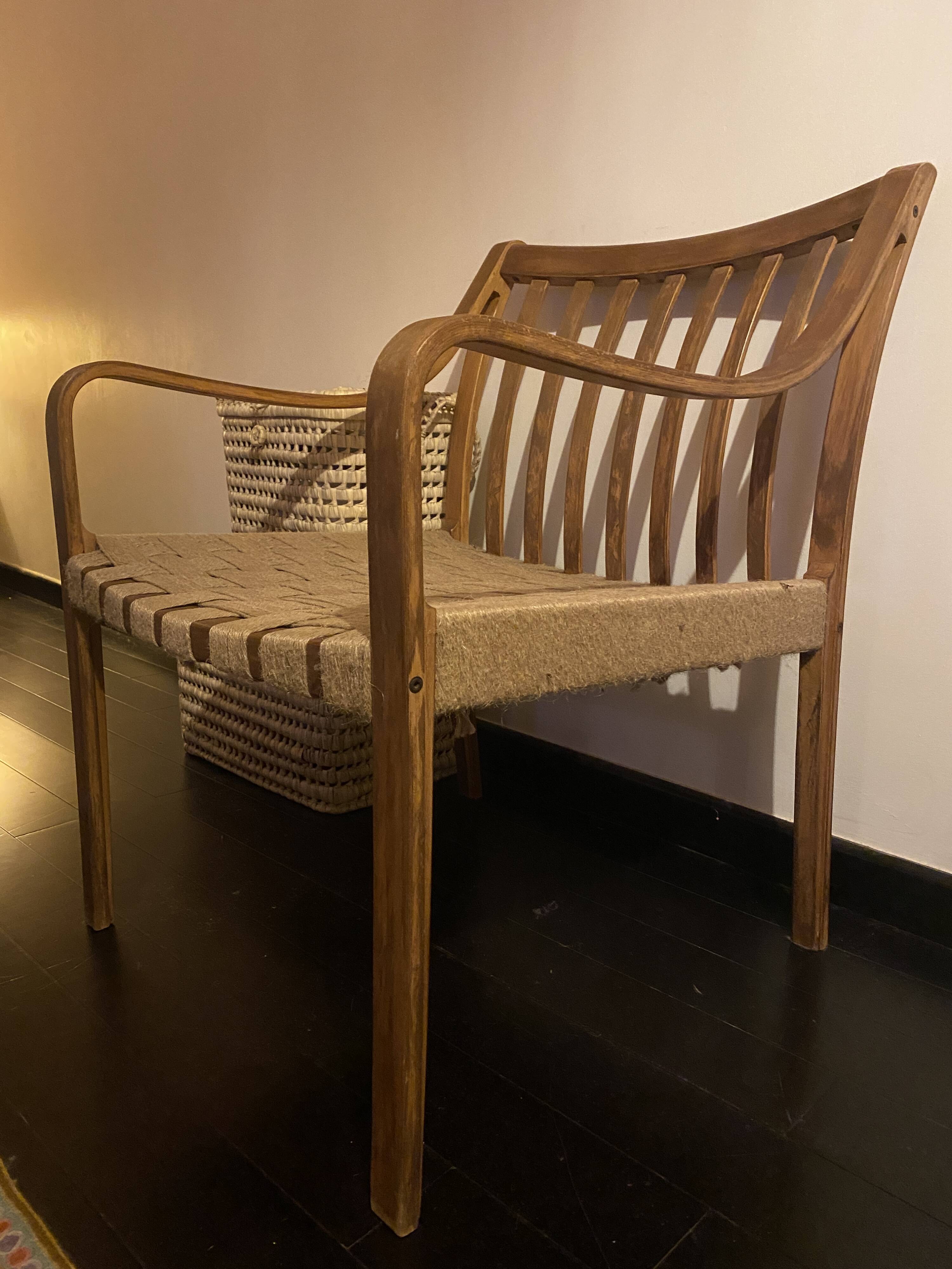 Restored wooden armchair - seat in woven jute