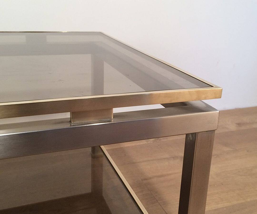 Coffee Table with Double Top in Brushed Steel and Brass, Guy Lefèvre for Ma