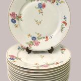 Set of 12 flat plates flowered porcelain