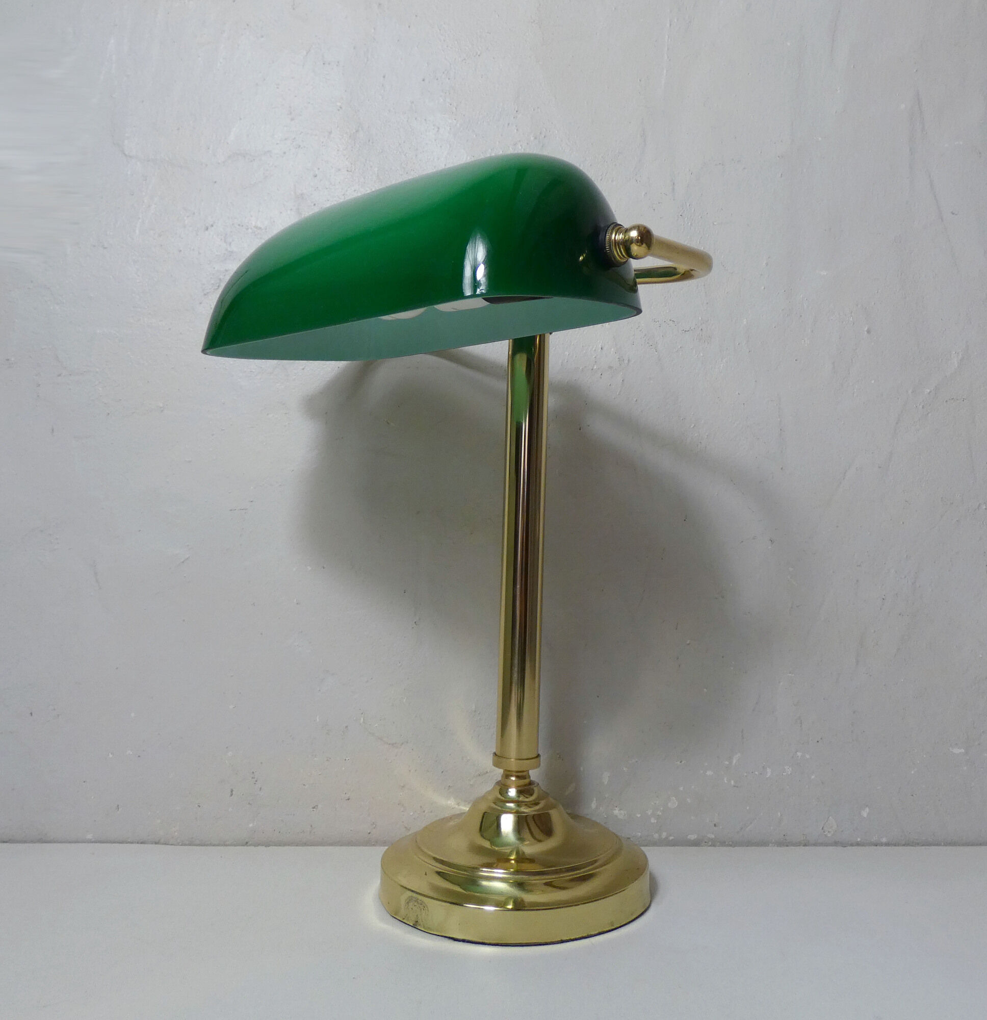 Brass green banker's lamp and vintage glass paste