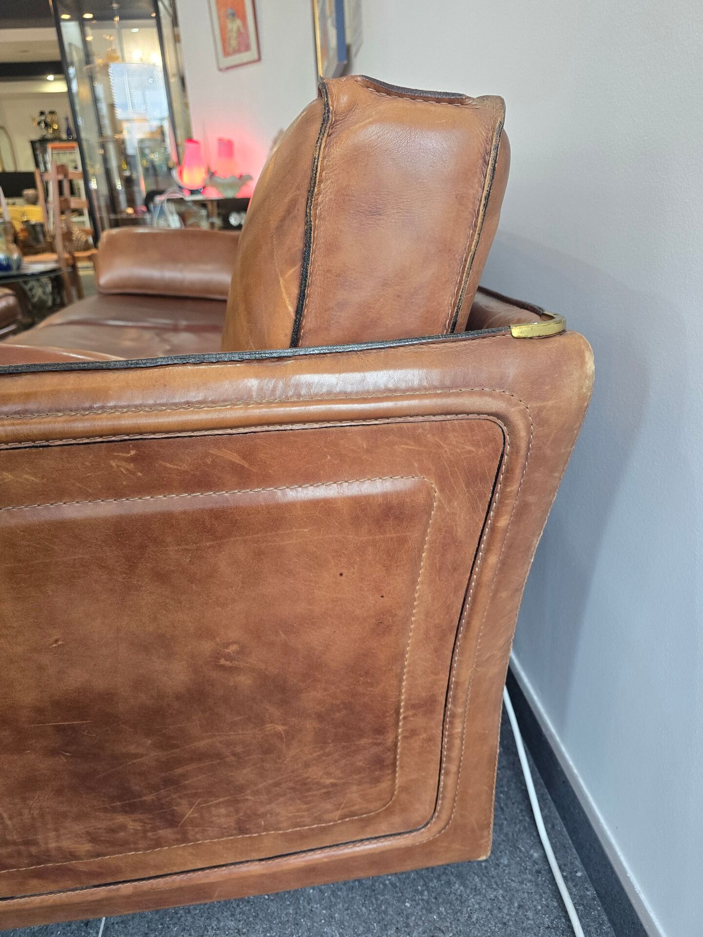 Roche Bobois vintage lounge from the 80s – cognac buffalo leather – 2 sofas + pouf