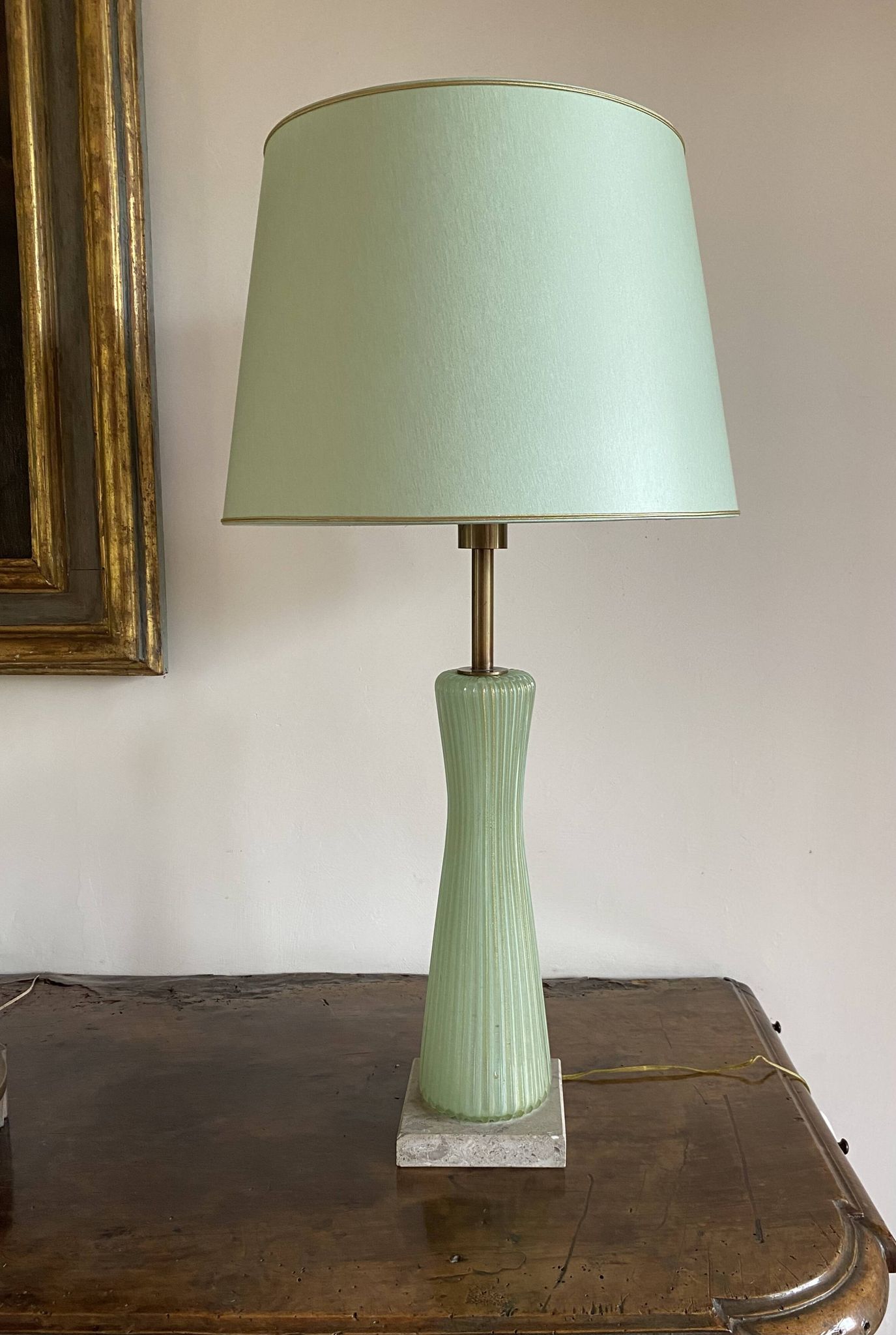 Mid-century modern green Murano glass Table lamp, Barovier & Toso style  Italy, 1940s