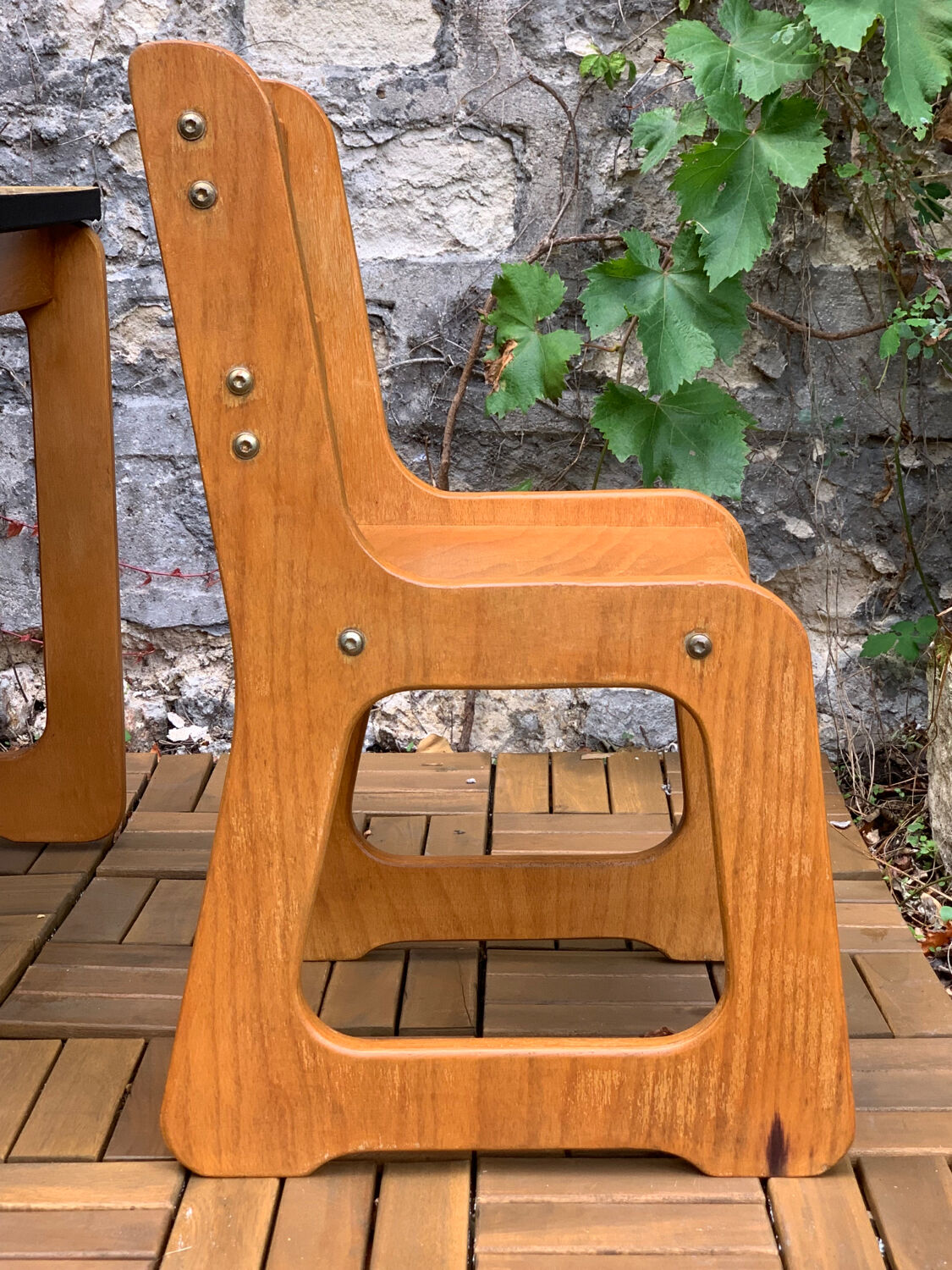 Children's wooden and formica desk and sled chairs 1970