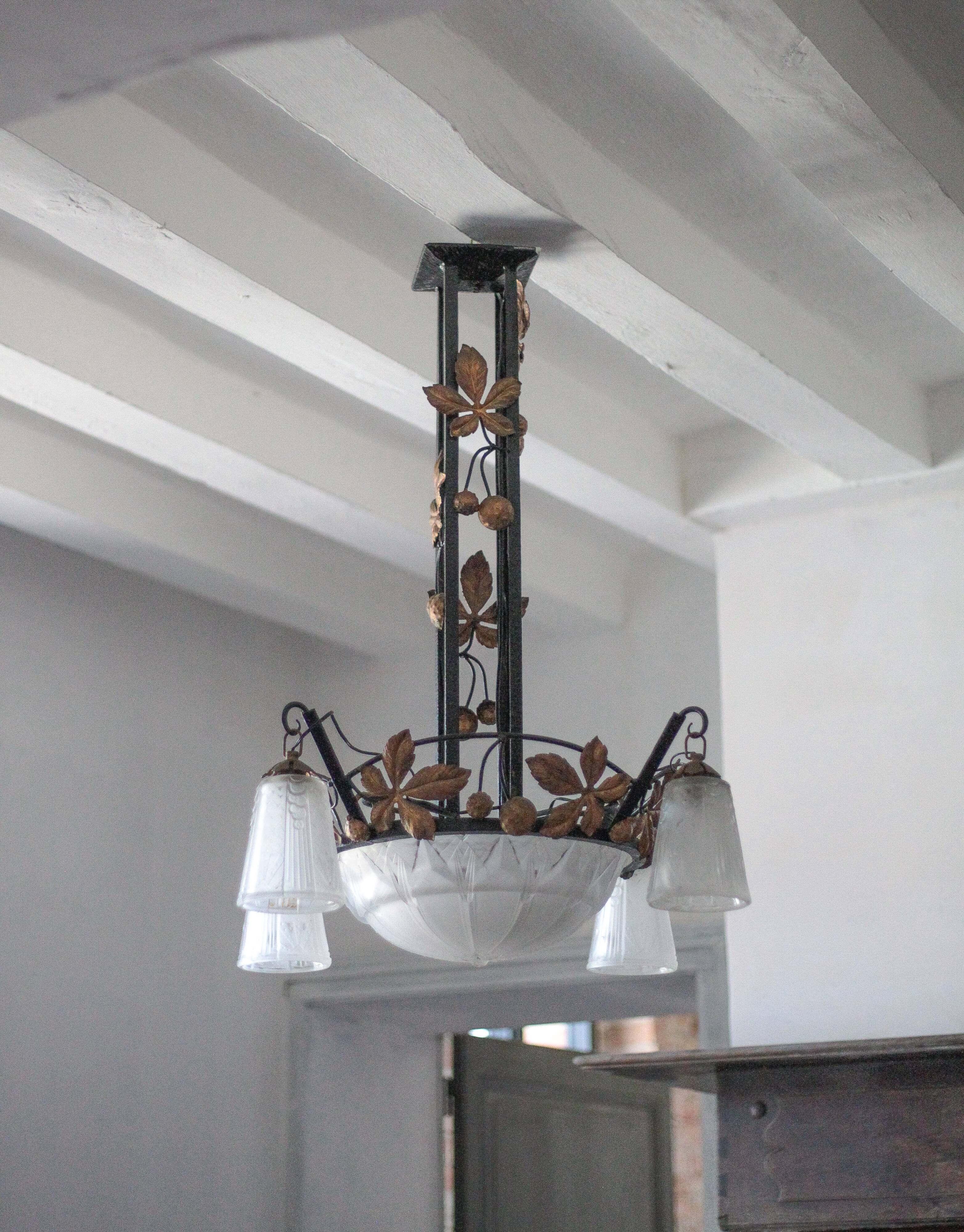 Art Deco wrought iron and glass chandelier Muller Frères Luneville, Art Nouveau