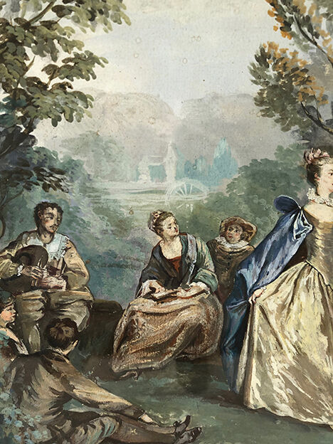 Party in the garden, framed watercolor late nineteenth