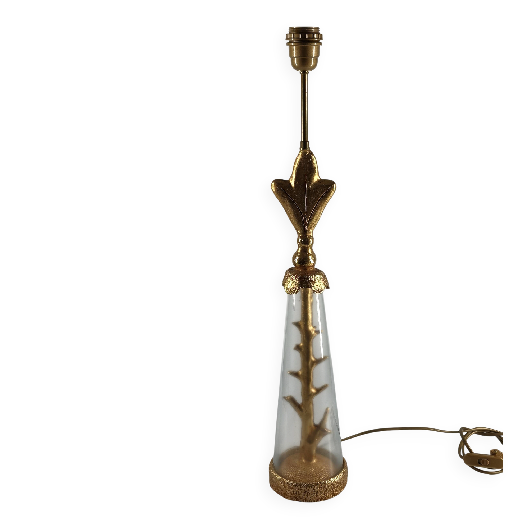 Vintage lamp base signed Pierre Casenove, gilded bronze, glass, 1970s.