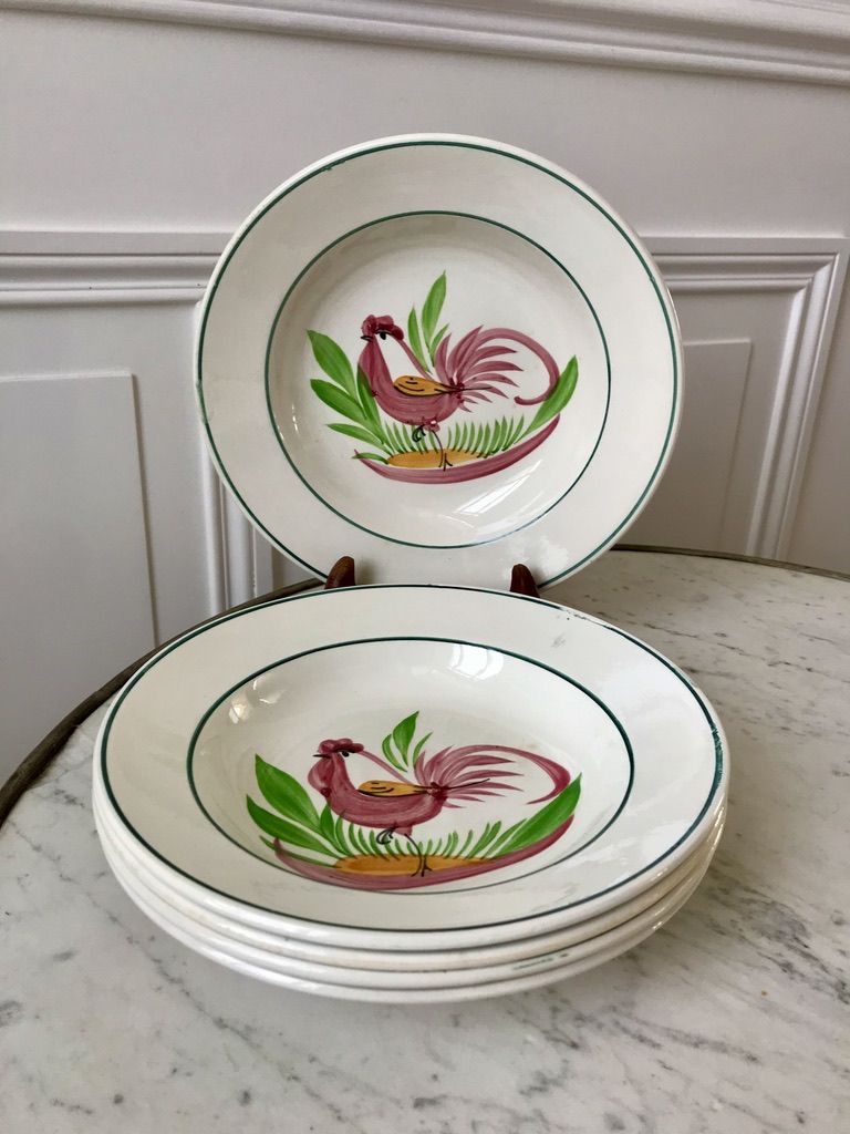 Lot of 5 hollow plates digoin sarreguemines model "rooster" years 40-50