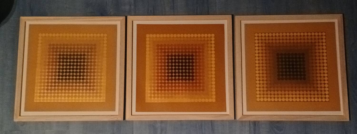 Vintage Optical Art Triptych - Vasarely Style - Frame 30x30cm