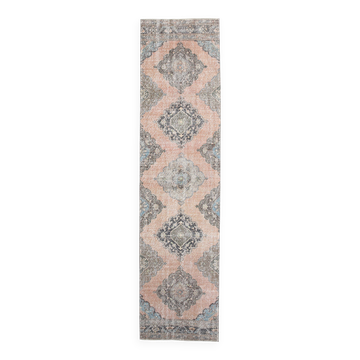 3x12 Salmon & Blue Turkish Vintage Runner Rug, Antique Rugs For Hallway