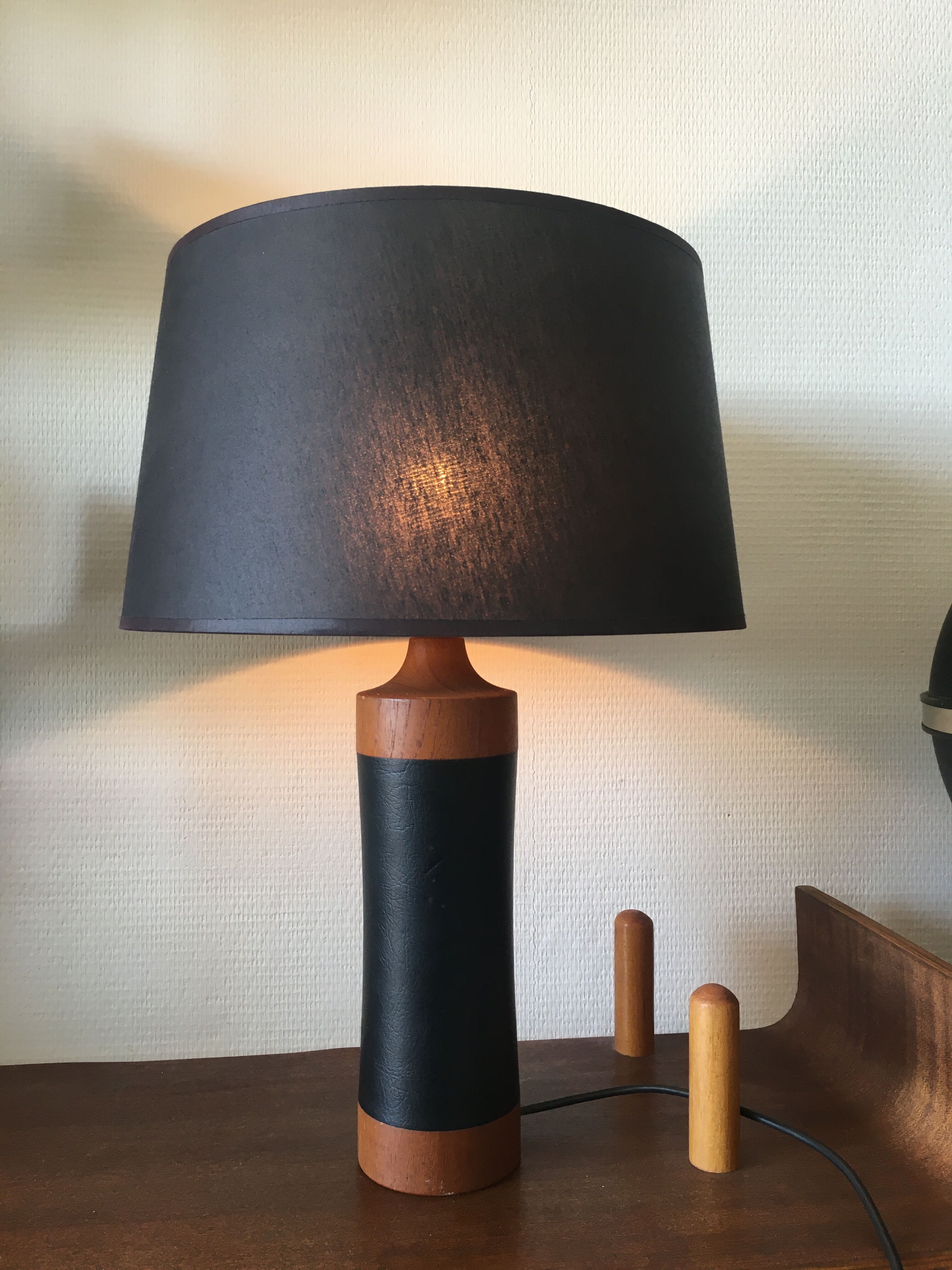 Scandinavian Teak an Leather Mid-Century Table Lamp, 1950s