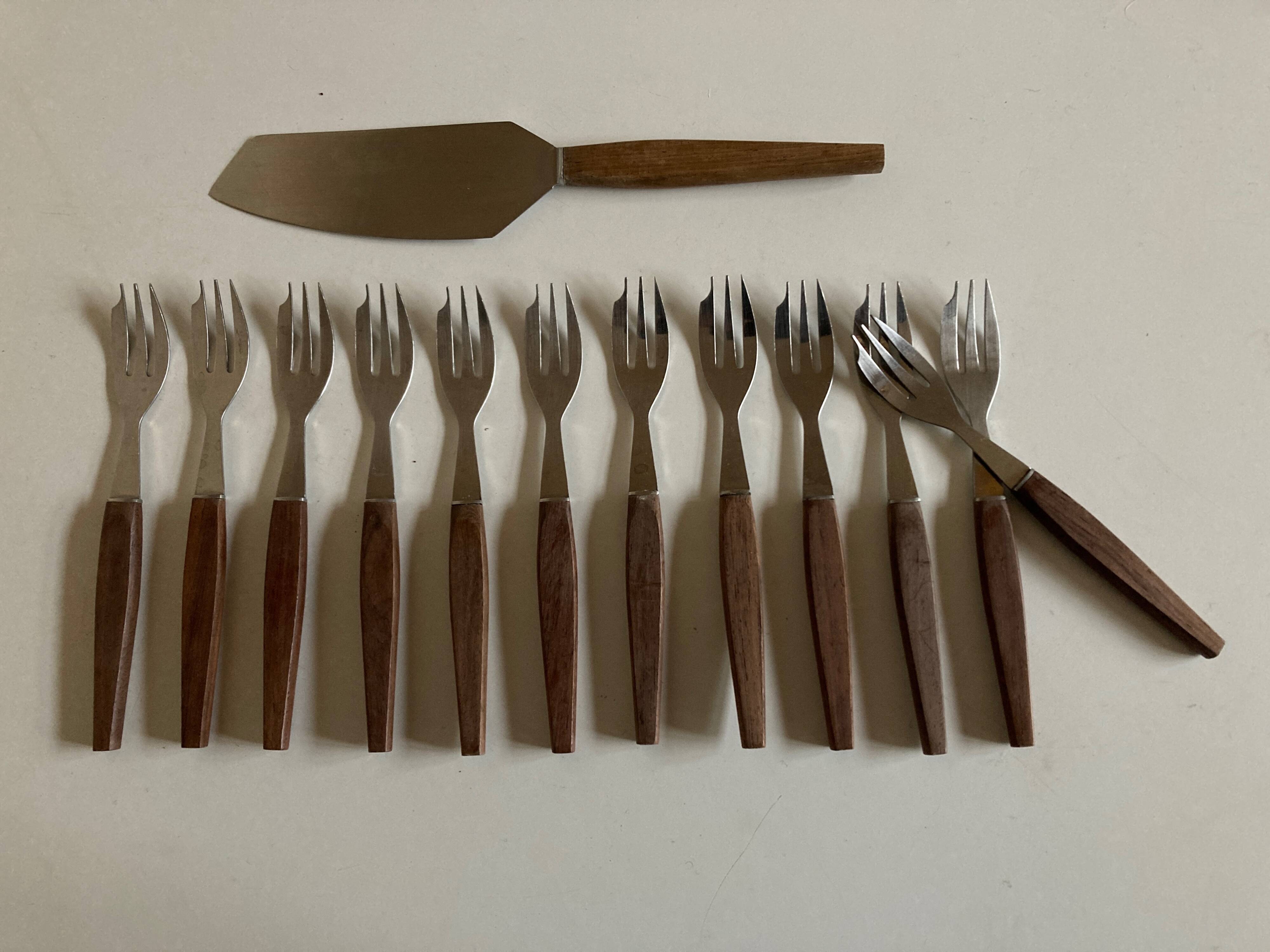 Set of 12 teak dessert forks 1960 Scandinavian