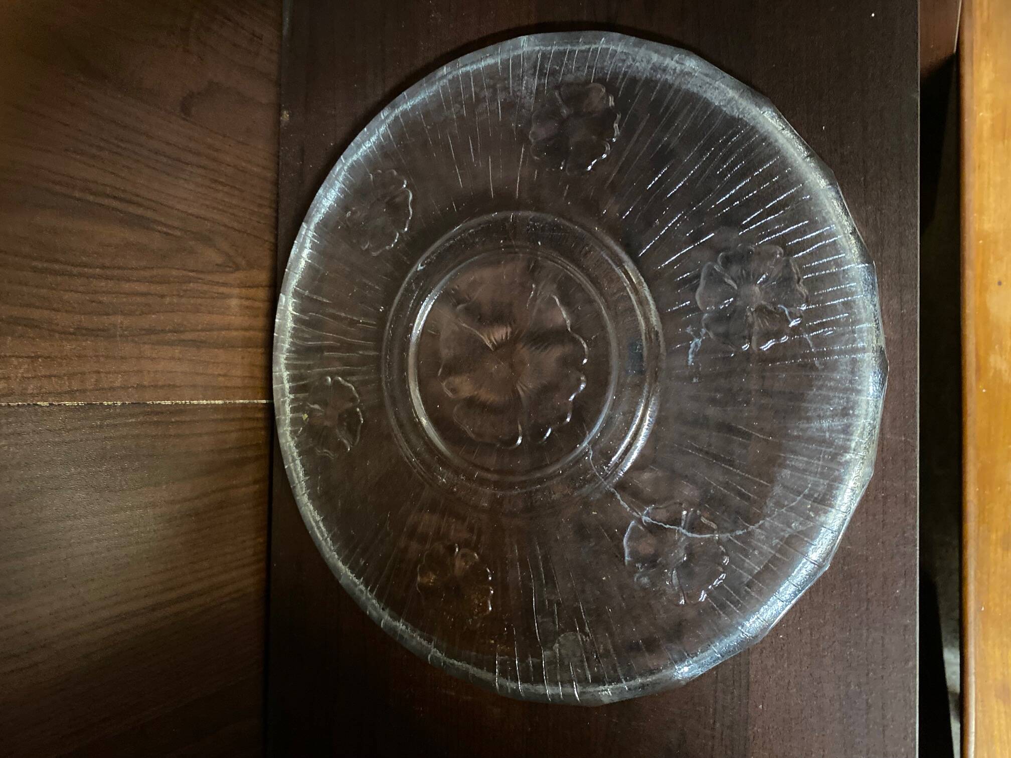 Cheese cover cake dish glass molded with relief flower decor