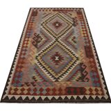 Geometric Tribal Kilim Rug, Handmade Wool Rug in Earthy Browns 104 x 188 cm