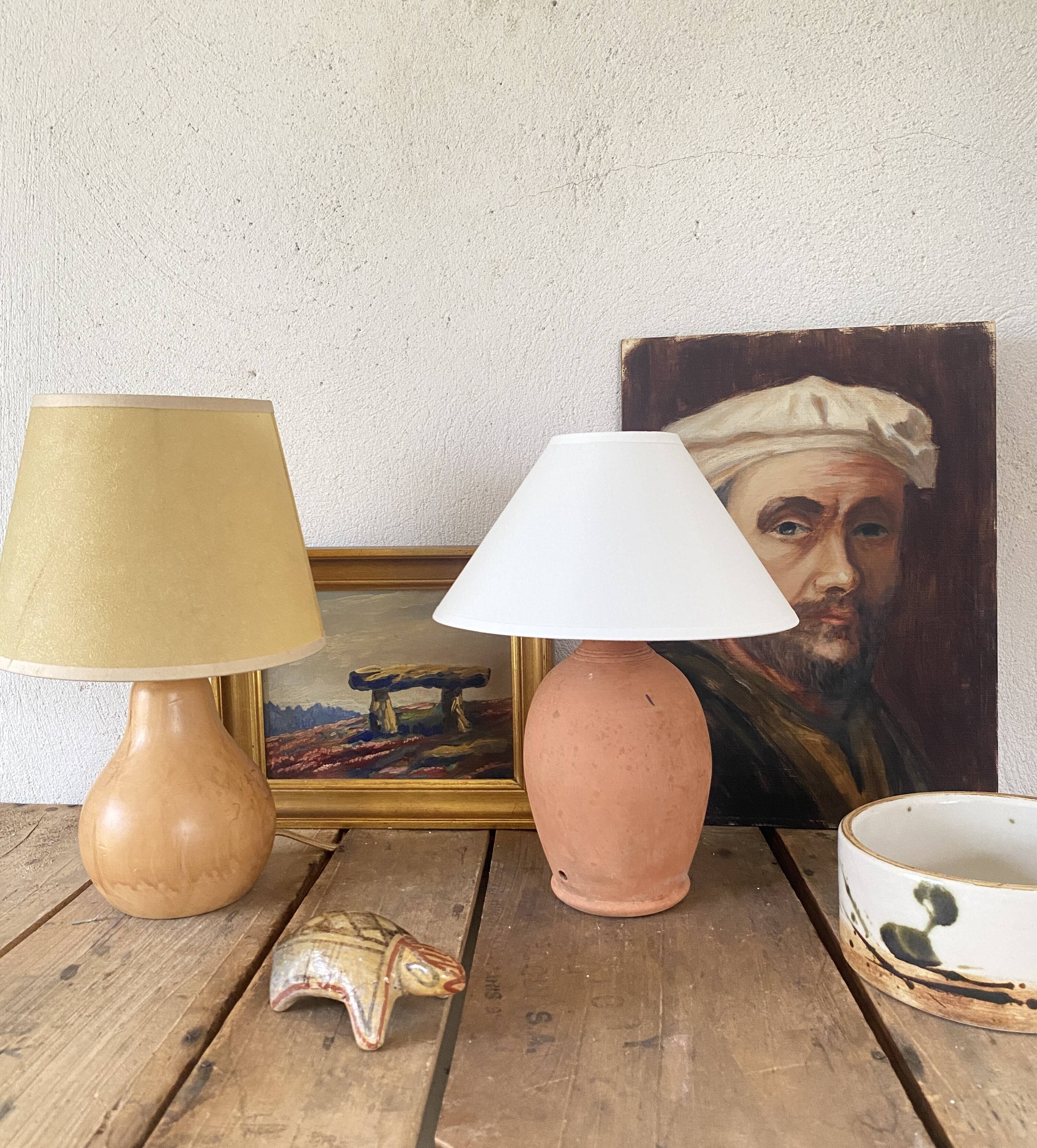 Terracotta lamp, new 2M fabric cable, cotton lampshade