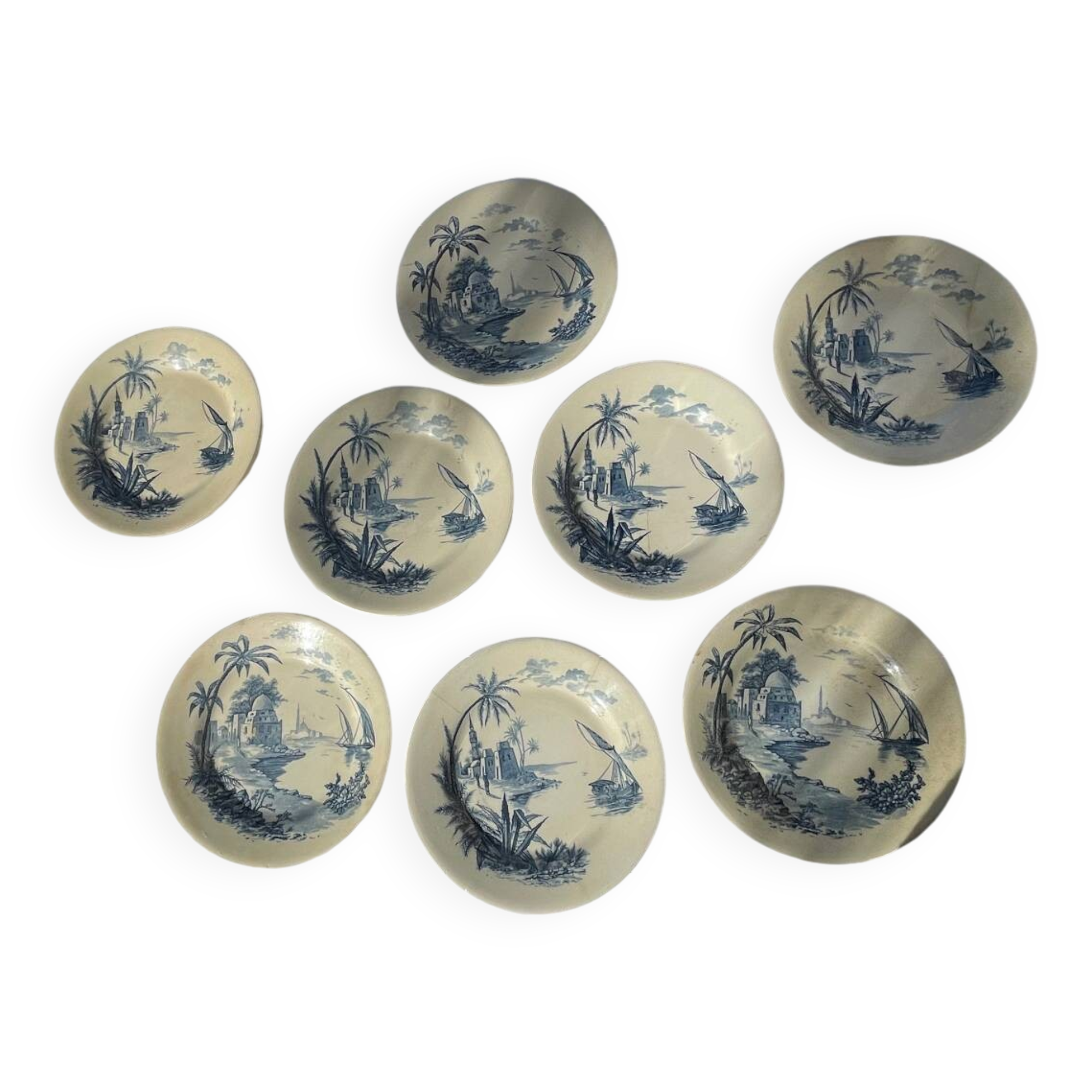 Set of 8 Gien plates Views of the Orient circa 1880