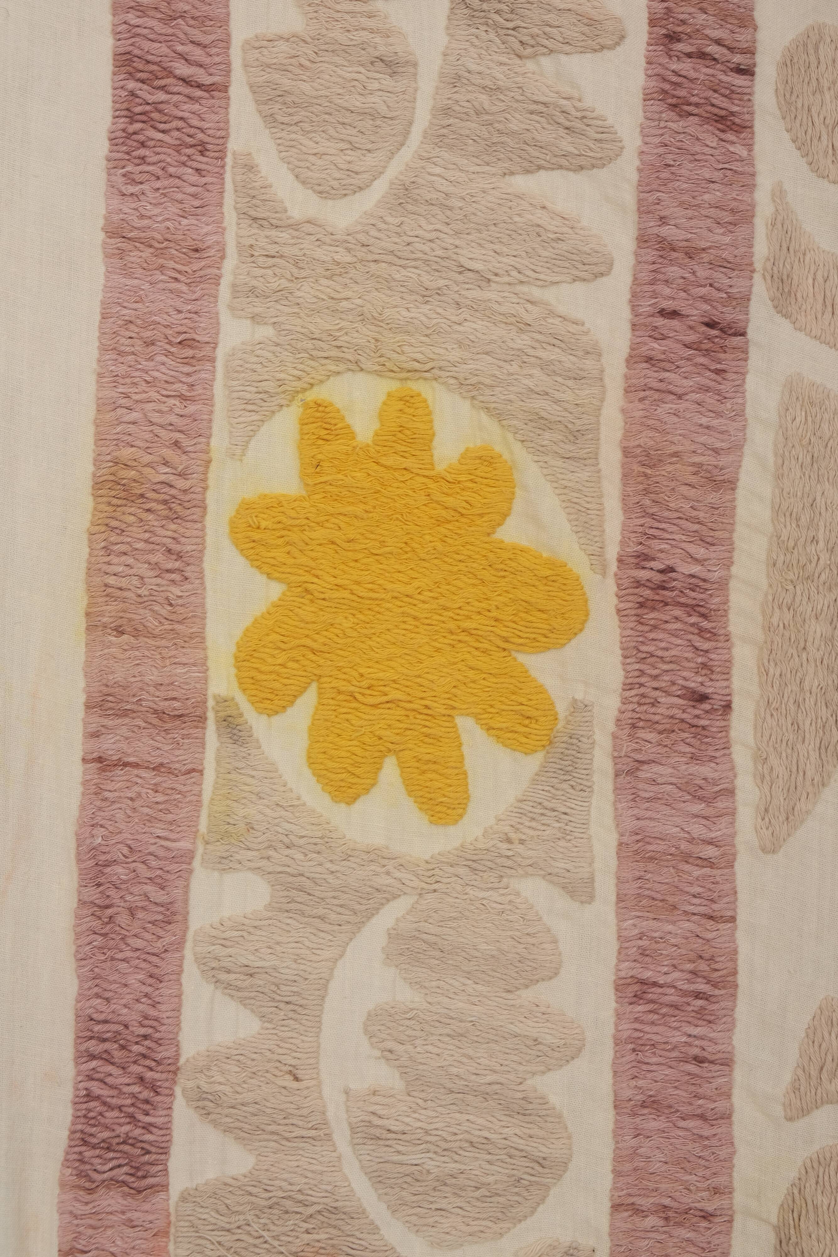 Embroidered tan suzani table cover, vintage tan and pink old embroidery textile