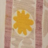 Embroidered tan suzani table cover, vintage tan and pink old embroidery textile