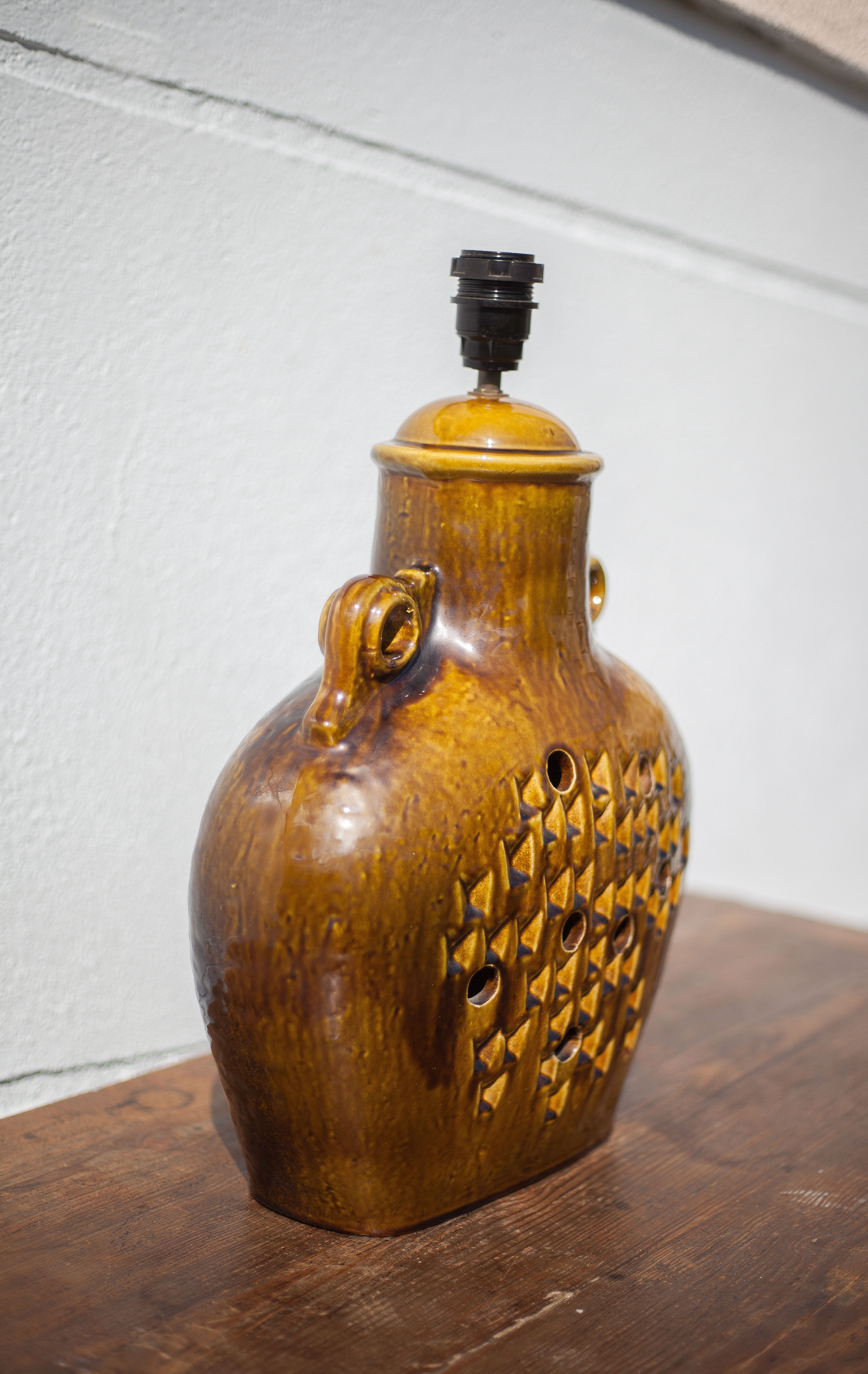 vintage enamelled terracotta lamp, table lamp, lampshade lamp, pottery, home decor, lamp