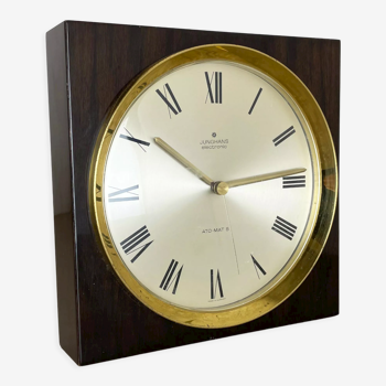 Vintage modernist wood & brass table and wall clock by junghans, germany, 1970s