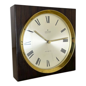 Vintage modernist wood & brass table and wall clock by junghans, germany, 1970s