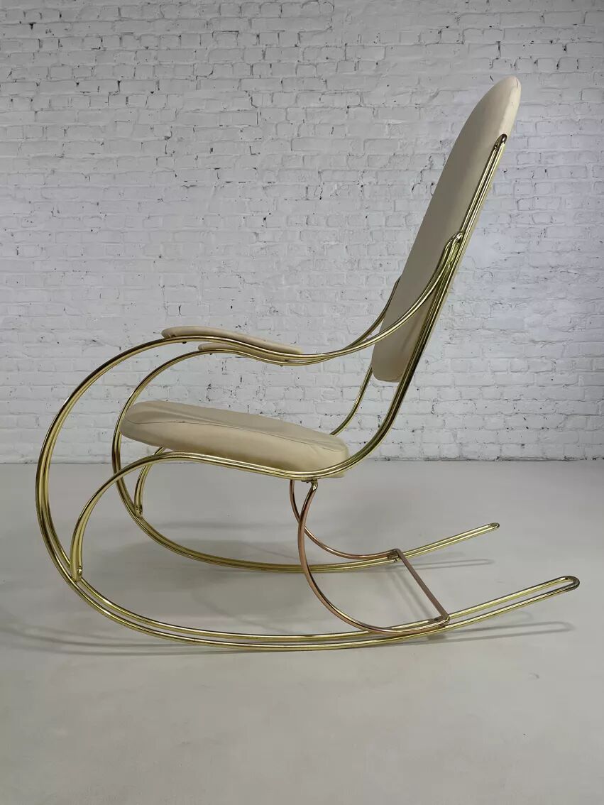 60s rocking chair in brass and ecru faux leather