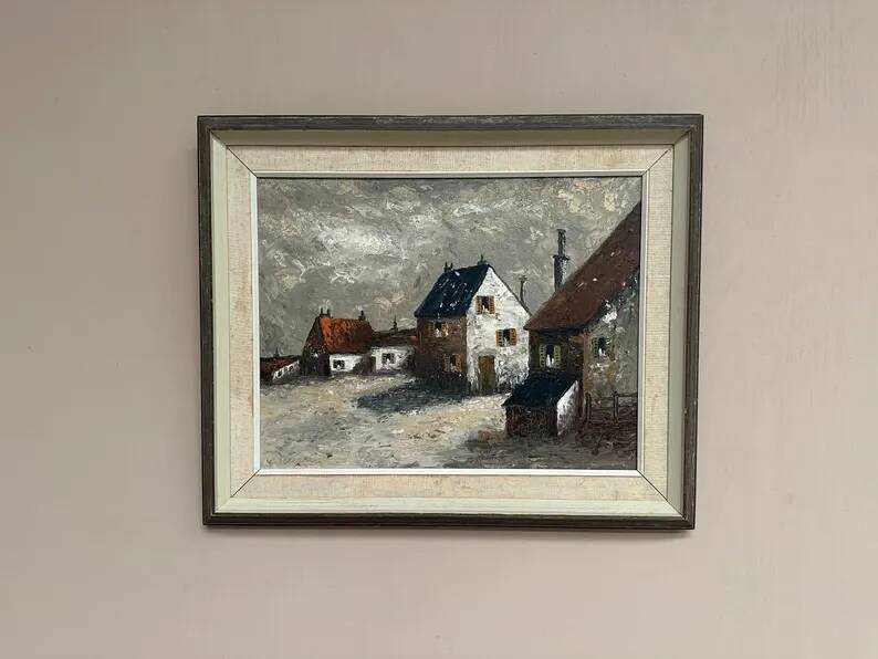 Original Swedish Oil on Canvas – "Houses", Unknown Author – Signed, Vintage and Framed – 61 x 51 cm (24 x 20 inches)