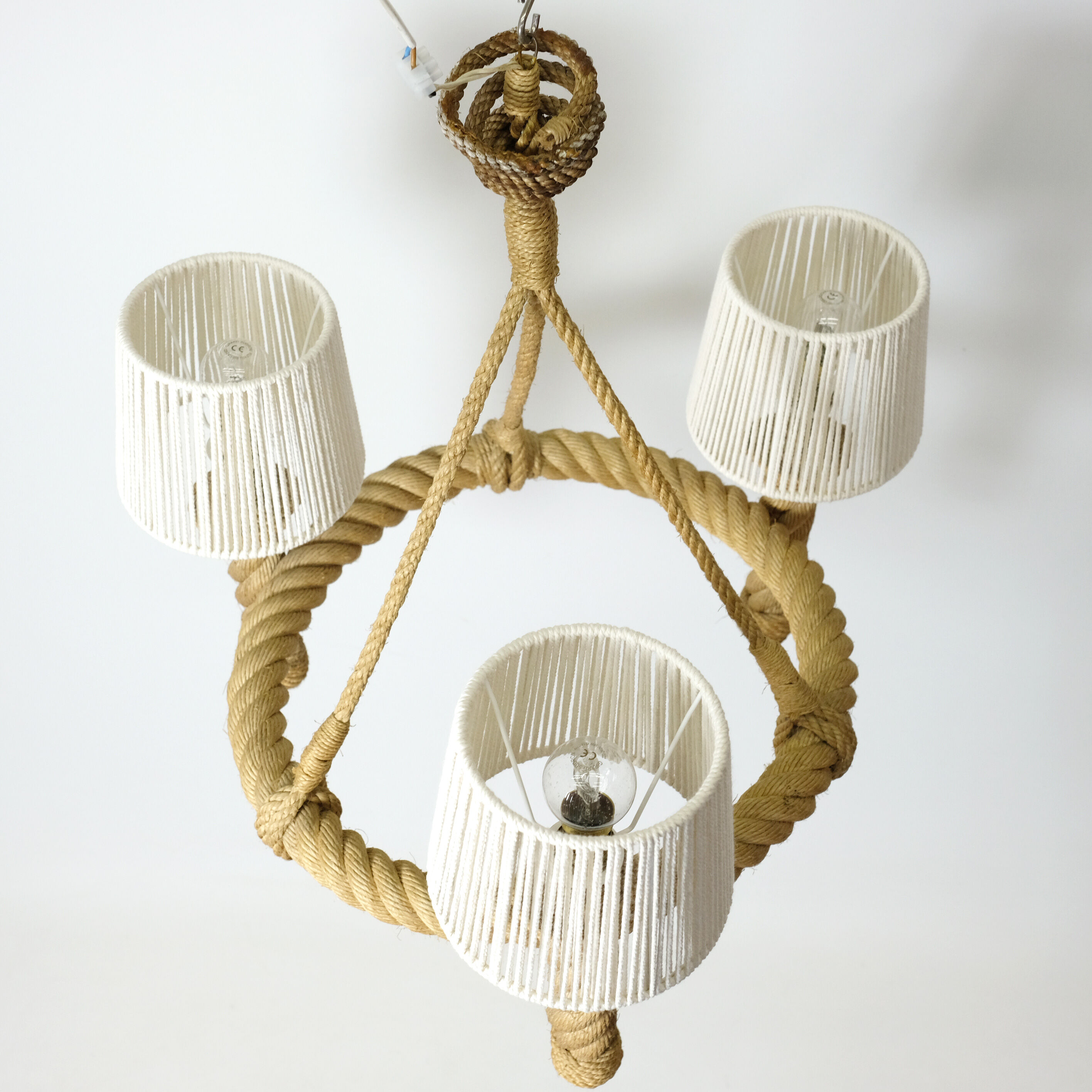 Three-light braided rope pendant light, 1950-1960.