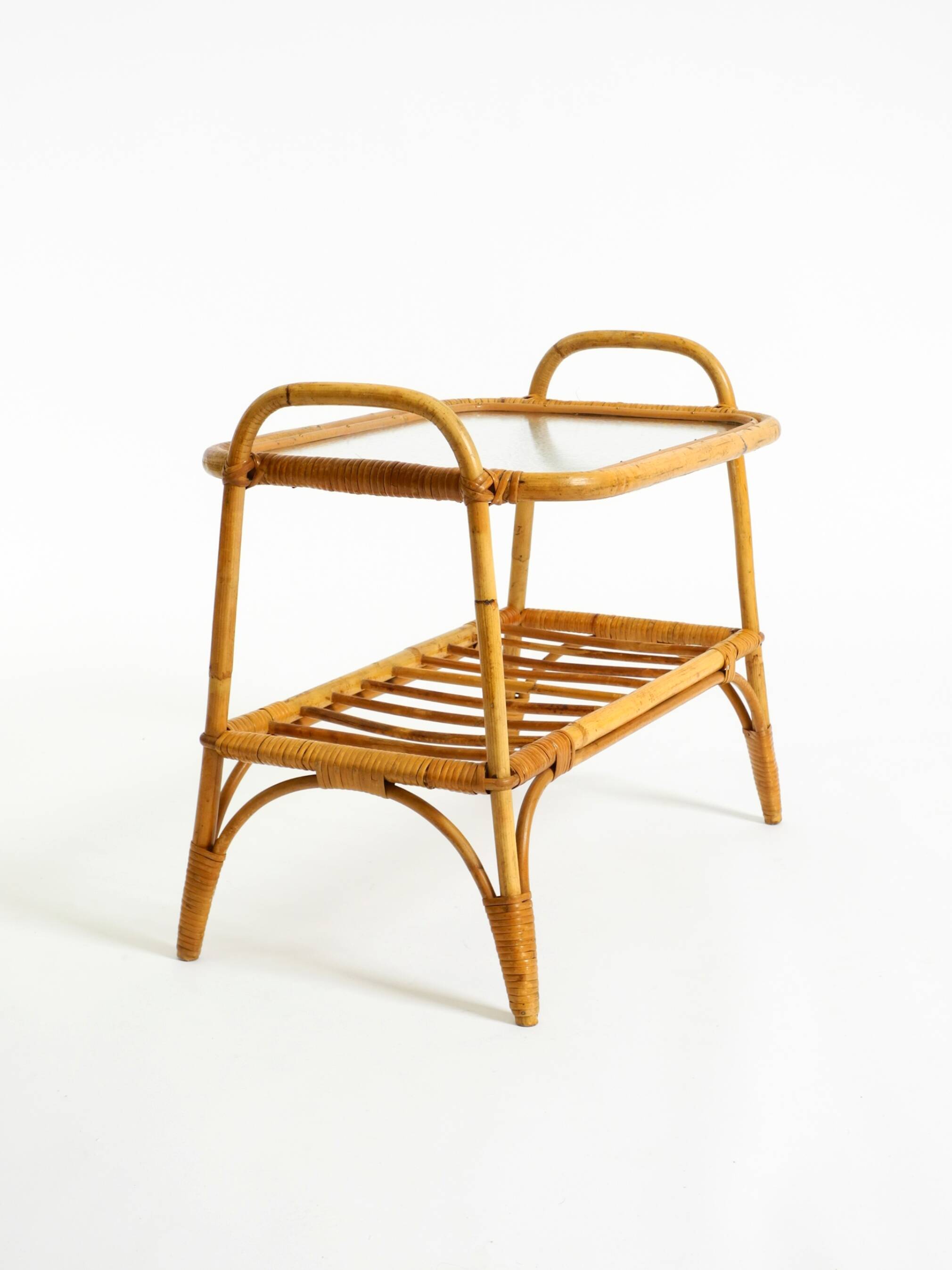 Lovely small Italian 60s bamboo side or coffee table with a iced glass top